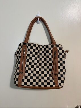 Checkerboard Tote Bag with Brown Trim - Women's Shoulder Bag